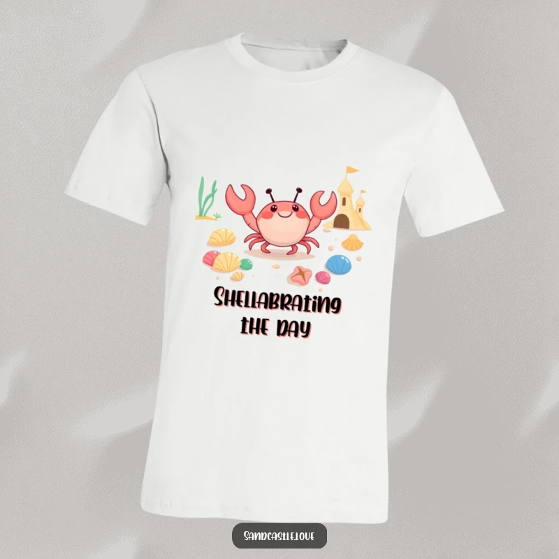Funny t-shirt with a happy crab character hauling colorful seashells toward a sandcastle, capturing the essence of beachcombing and construction.