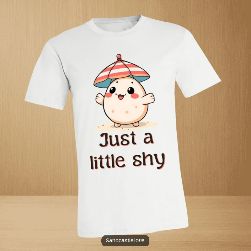 Funny pufferfish t-shirt, a playful fish peeking from behind a striped beach umbrella, beachwear humor.
