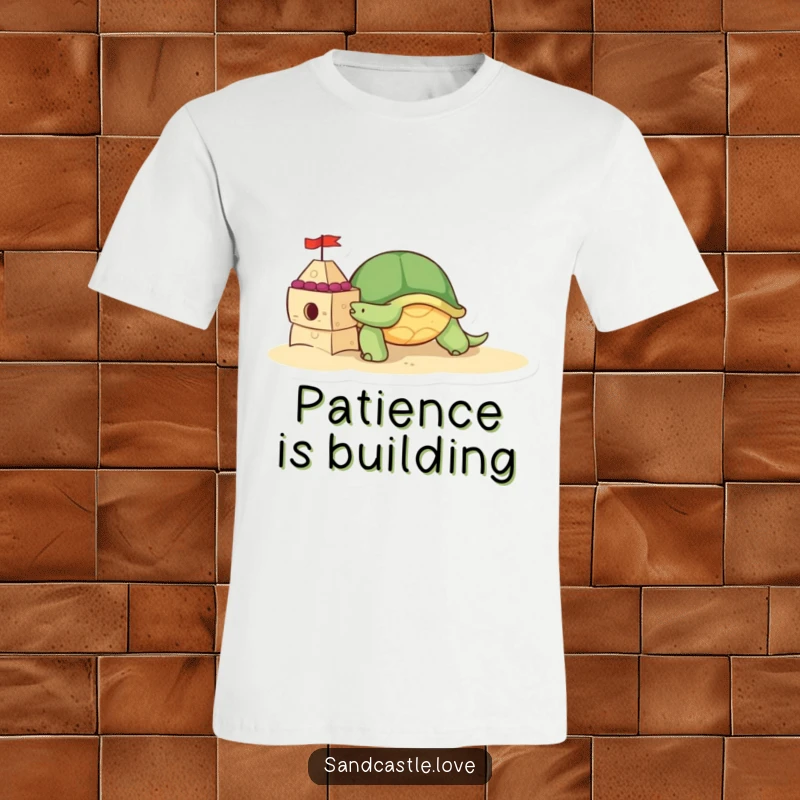 T-shirt featuring a cute turtle character slowly pushing a small, decorated sandcastle brick, highlighting beach construction and adorable persistence.