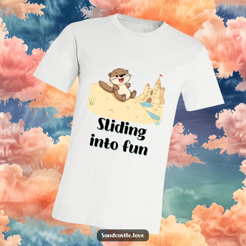Funny t-shirt featuring a joyful otter character in mid-slide down a sandy hill, heading towards a sandcastle moat with a huge grin.