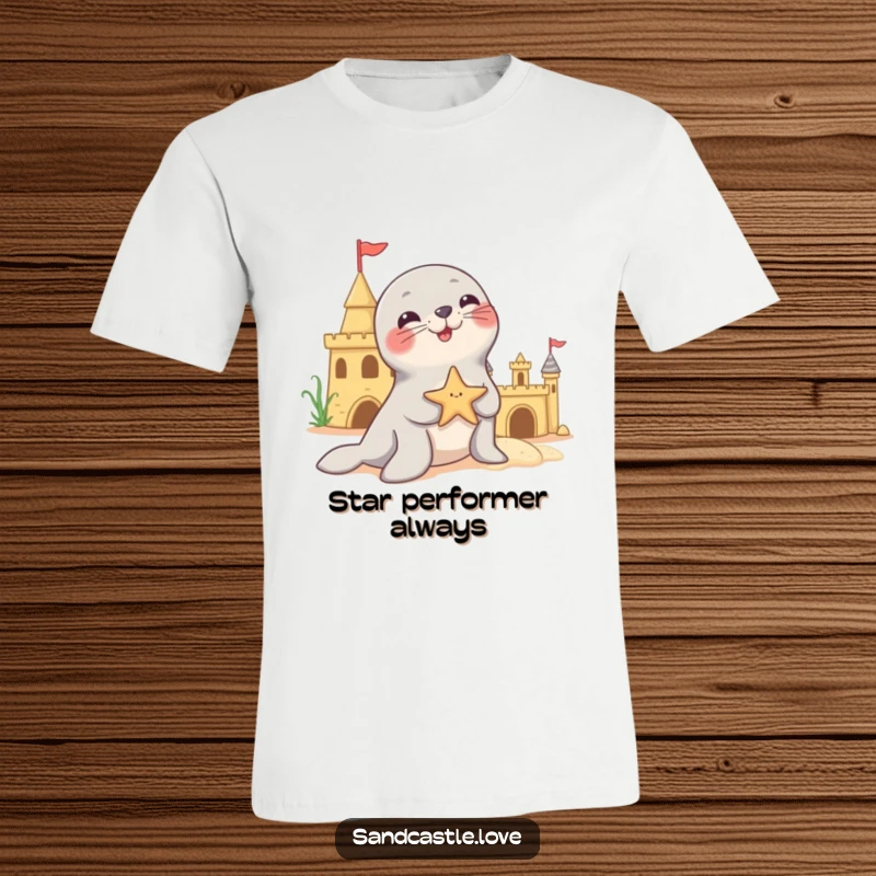 Funny t-shirt with a playful seal character skillfully balancing a starfish on its nose, standing near a sandcastle, embodying beachside amusement.