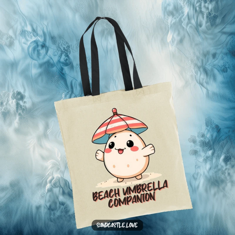 Funny pufferfish tote bag, a playful fish peeking from behind a striped beach umbrella, beach accessory gift.