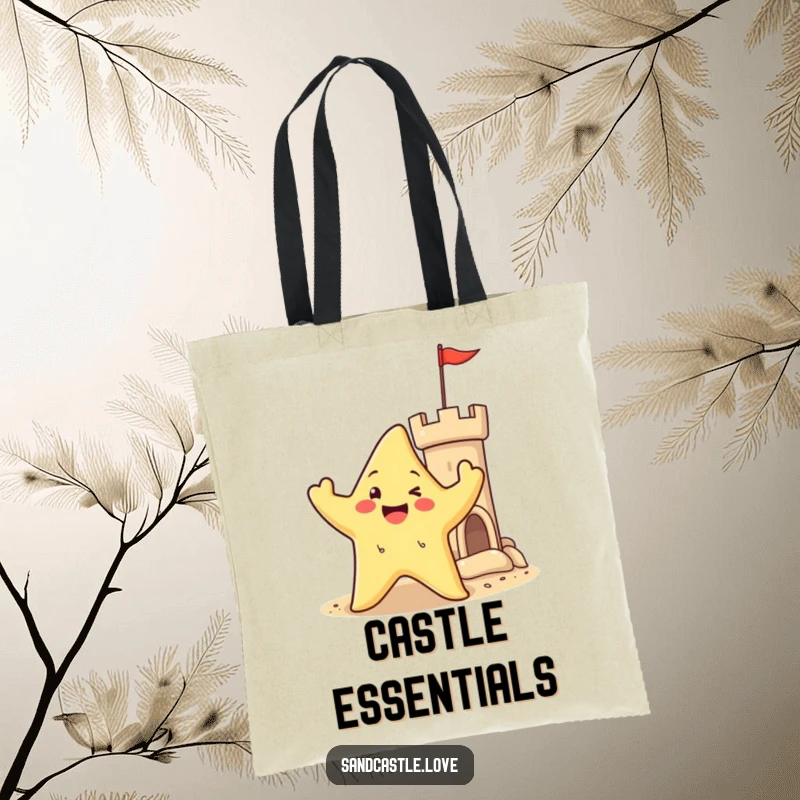 Tote bag featuring a happy starfish character waving its arms near a sandy castle turret, embodying beach fun and ocean greetings.
