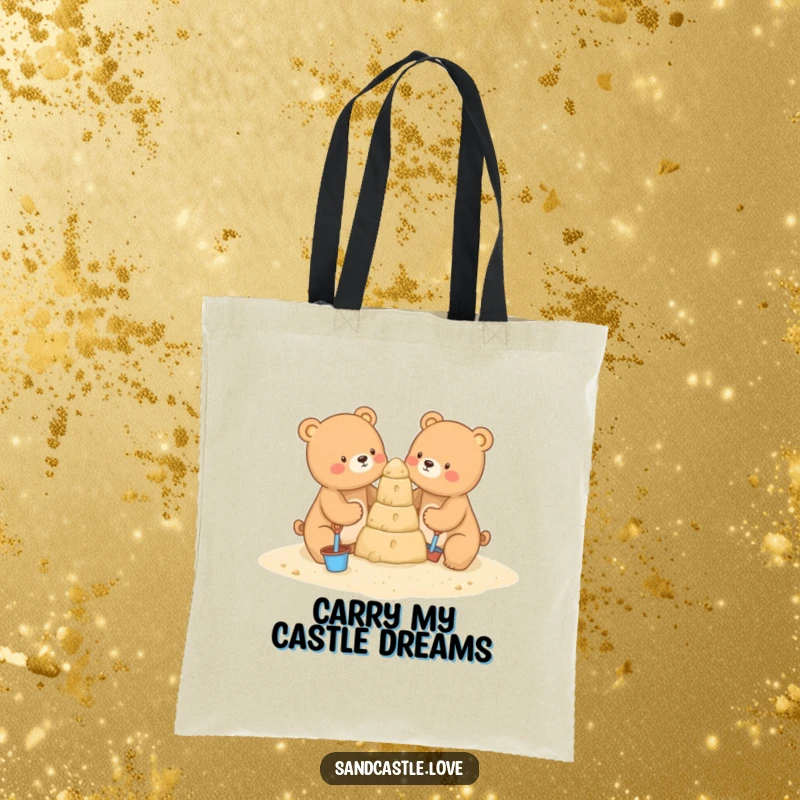 Funny tote bag illustrating two sweet bears constructing a sandcastle, featuring their tiny tools and teamwork for a delightful beach scene.