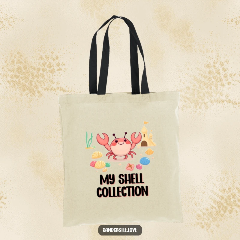 Funny tote bag illustrated with a happy crab character transporting colorful seashells to a sandcastle, perfect for carrying beach day necessities.