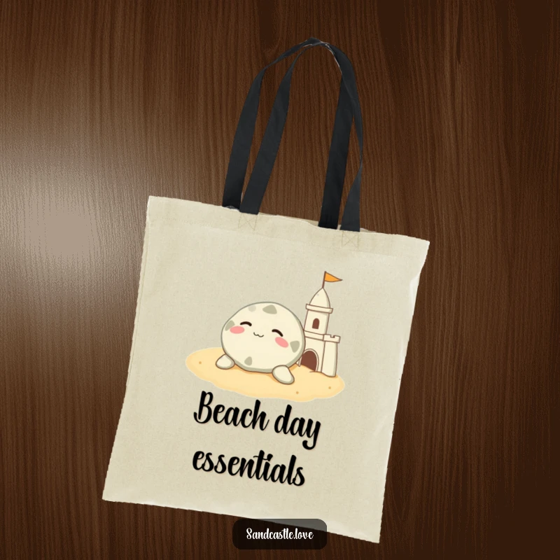 Funny sand dollar tote bag, a contented character resting on warm sand beside a sandcastle, beach accessory gift.