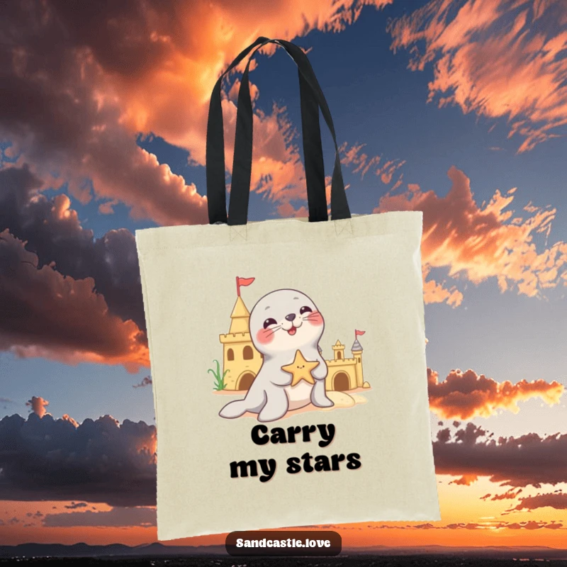 Funny tote bag illustrated with a playful seal character balancing a starfish on its nose near a sandcastle, showcasing a delightful circus act.