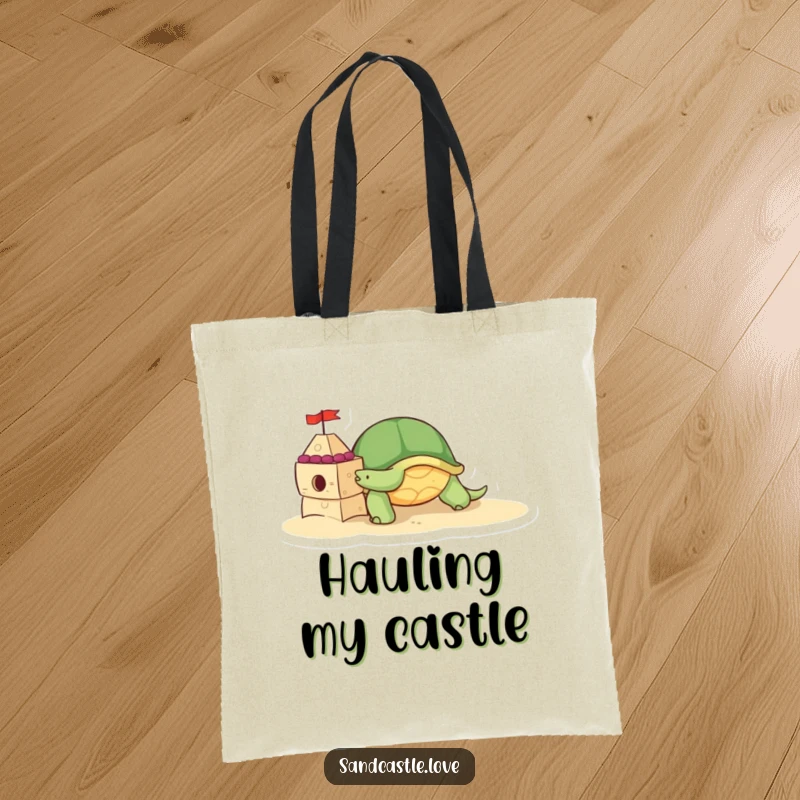 Tote bag featuring a cute turtle character slowly pushing a decorated sandcastle brick, embodying beach construction and adorable perseverance.