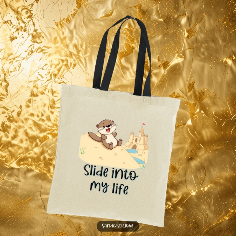 Funny tote bag illustrated with a joyful otter character sliding down a sandy dune towards a sandcastle moat, showcasing a dynamic beach scene.